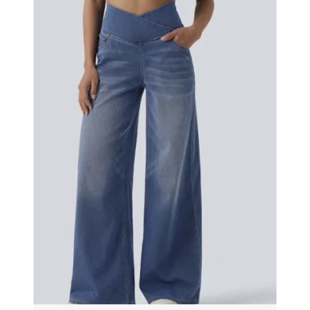 Halara Flex Crossover Jeans Women Large Blue High Rise Stretchy Wide Leg New